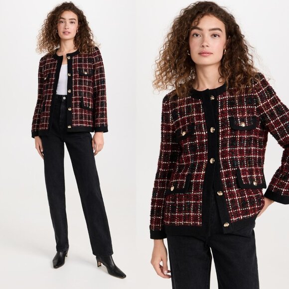 NWT Anine Bing Lydia Wool Blazer Jacket Plaid Tweed Gold-tone Buttons Sz Large
